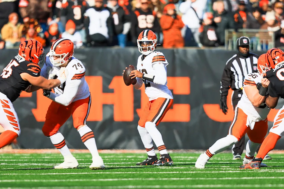 Jan 4, 2026; Cincinnati, Ohio, USA; Cleveland Browns quarterback Shedeur Sanders (12) looks to pass during the first half against the Cleveland Browns at Paycor Stadium. Mandatory Credit: Katie Stratman-Imagn Images