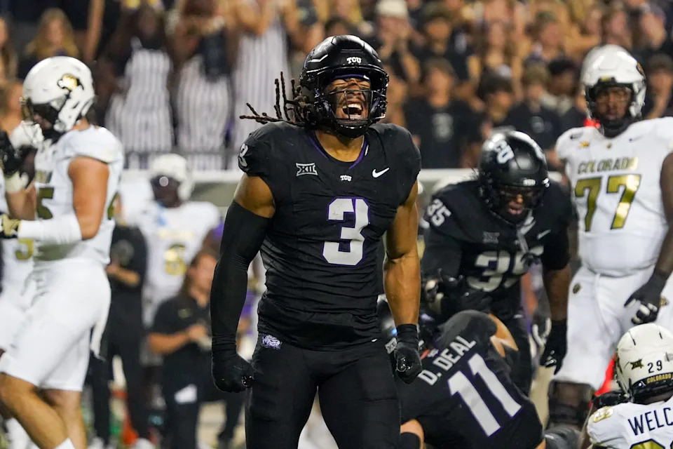 Oct 4, 2025; Fort Worth, Texas, USA; TCU Horned Frogs linebacker Kaleb Elarms-Orr (3) reacts after a defensive play against the Colorado Buffaloes during the second half at Amon G. Carter Stadium. Mandatory Credit: Raymond Carlin III-Imagn Images