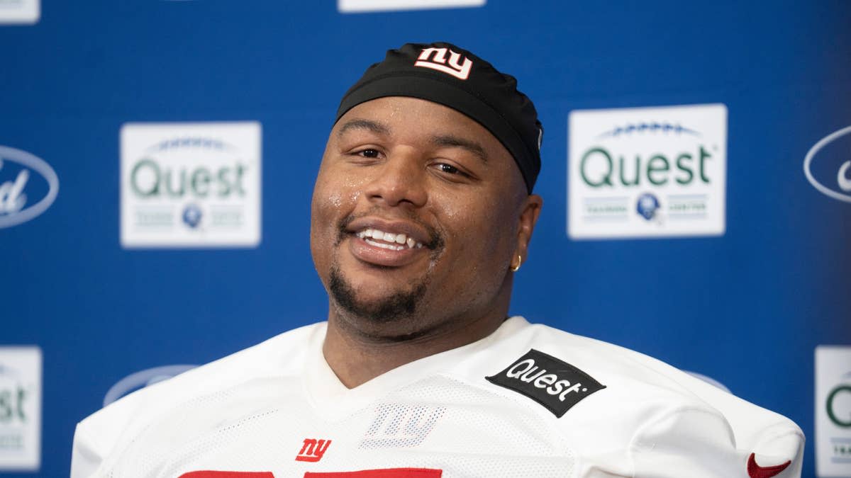 New York Giants defensive tackle Dexter Lawrence II (97) speaks at a press conference during day one of the New York Giants training camp at Quest Diagnostics Giants Training Center in East Rutherford on Wednesday, July 23, 2025.© Julian Leshay Guadalupe&sol;NorthJersey&period;com &sol; USA TODAY NETWORK via Imagn Images&period;