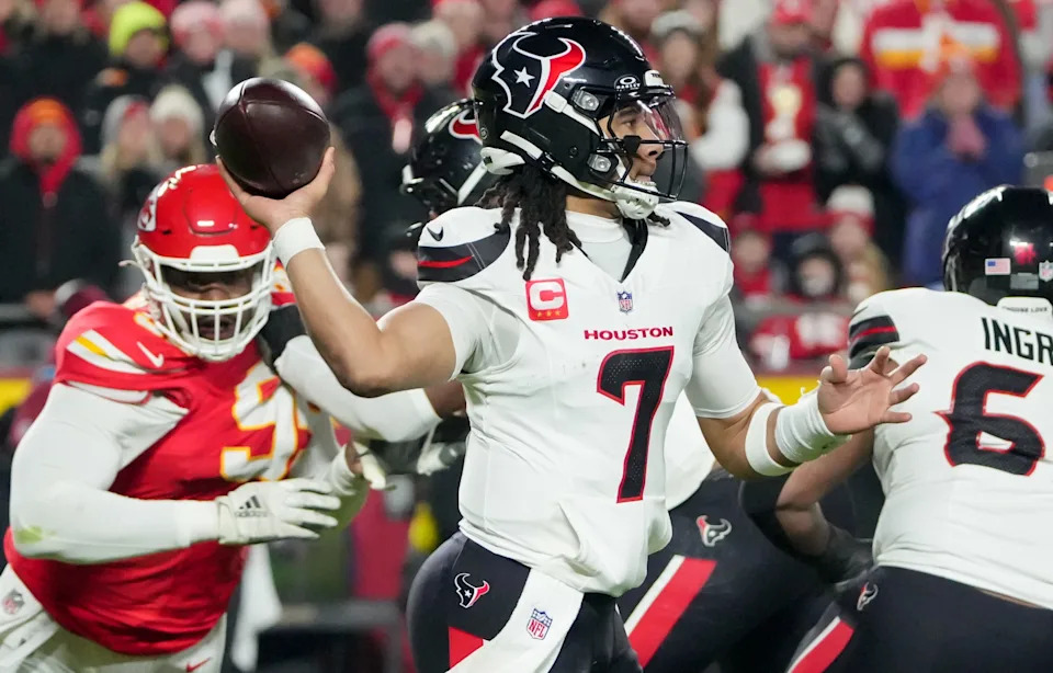 Dec 7, 2025; Kansas City, Missouri, USA; Houston Texans quarterback C.J. Stroud (7) throws a pass during the second quarter against the Kansas City Chiefs at GEHA Field at Arrowhead Stadium. Mandatory Credit: Denny Medley-Imagn Images