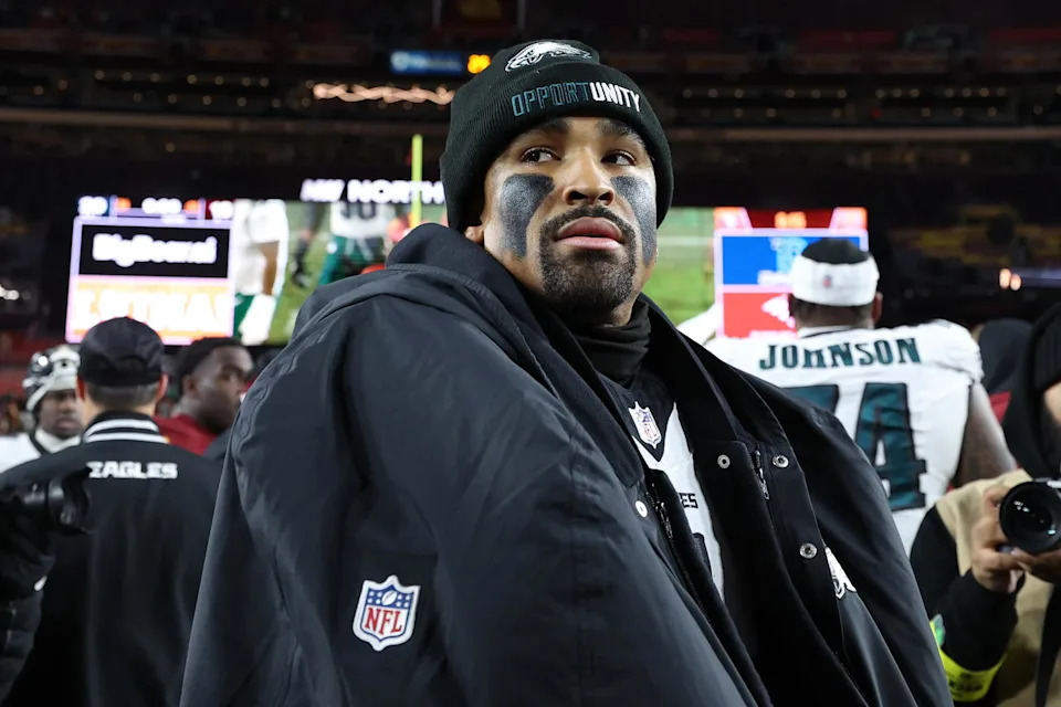 Dec 20, 2025; Landover, Maryland, USA; Philadelphia Eagles quarterback Jalen Hurts (1) looks on after defeating the Washington Commanders at Northwest Stadium. Mandatory Credit: Geoff Burke-Imagn Images
