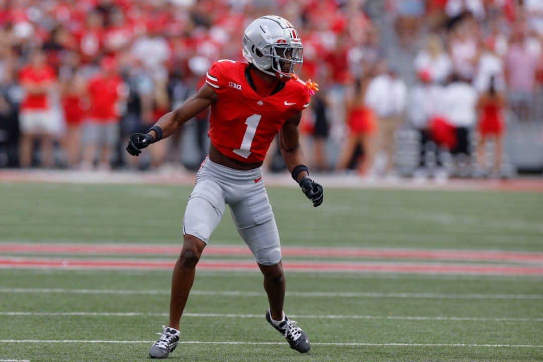 Ohio State defensive back Davison Igbinosun plays against Akron during an NCAA college football game Saturday, Aug. 31, 2024, in Columbus, Ohio. (AP Photo/Jay LaPrete)