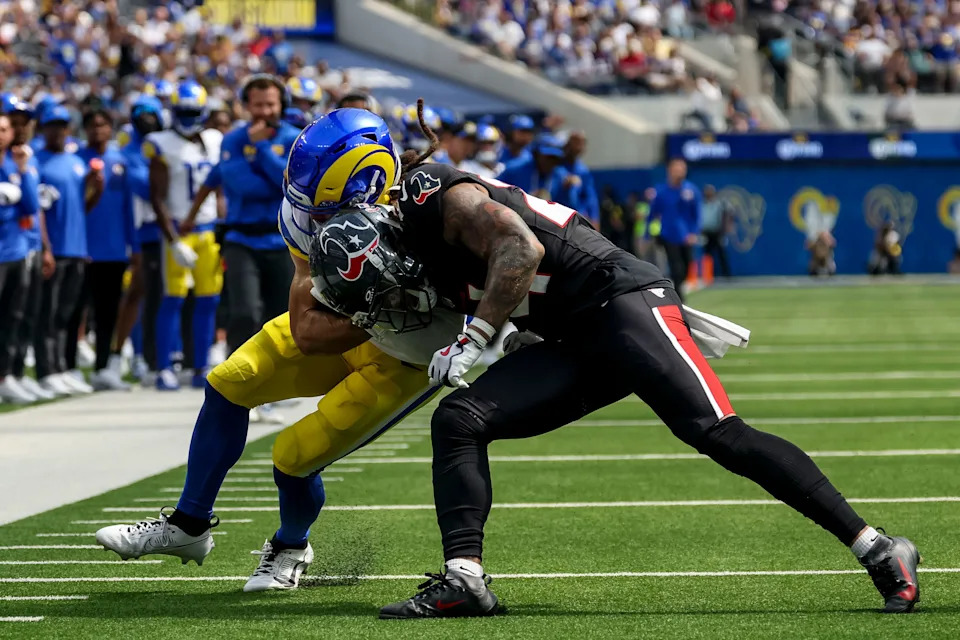 Sep 7, 2025; Inglewood, California, USA; Houston Texans cornerback Derek Stingley Jr. (24) attempts to tackle Los Angeles Rams wide receiver Jordan Whittington (88) during the third quarter at SoFi Stadium. Mandatory Credit: Kiyoshi Mio-Imagn Images