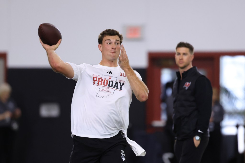 Fernando Mendoza #15 of the Indiana Hoosiers throws a pass during the 2026 IU Pro Day at John Mellencamp Pavilion on April 01, 2026 in Bloomington, Indiana.