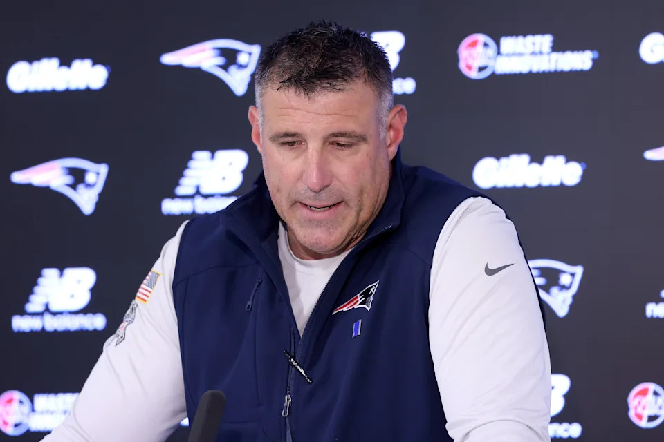 New England Patriots head coach Mike Vrabel speaks during an NFL football press conference, Tuesday, April 21, 2026, in Foxborough, Mass. (AP Photo/Mark Stockwell)