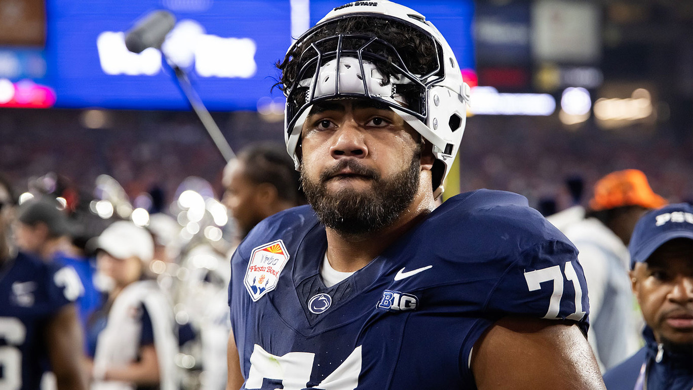 Penn State Nittany Lions offensive lineman Olaivavega Ioane (71) against the Boise State Broncos during the Fiesta Bowl at State Farm Stadium.