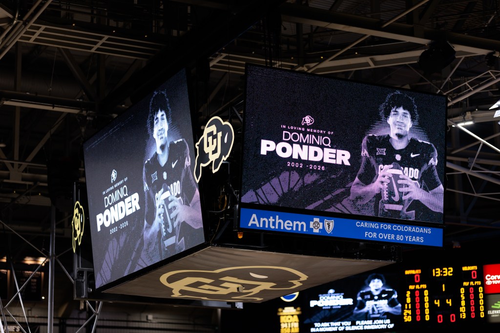 Scoreboard displaying a tribute to Colorado Buffaloes football player Dominiq Ponder.