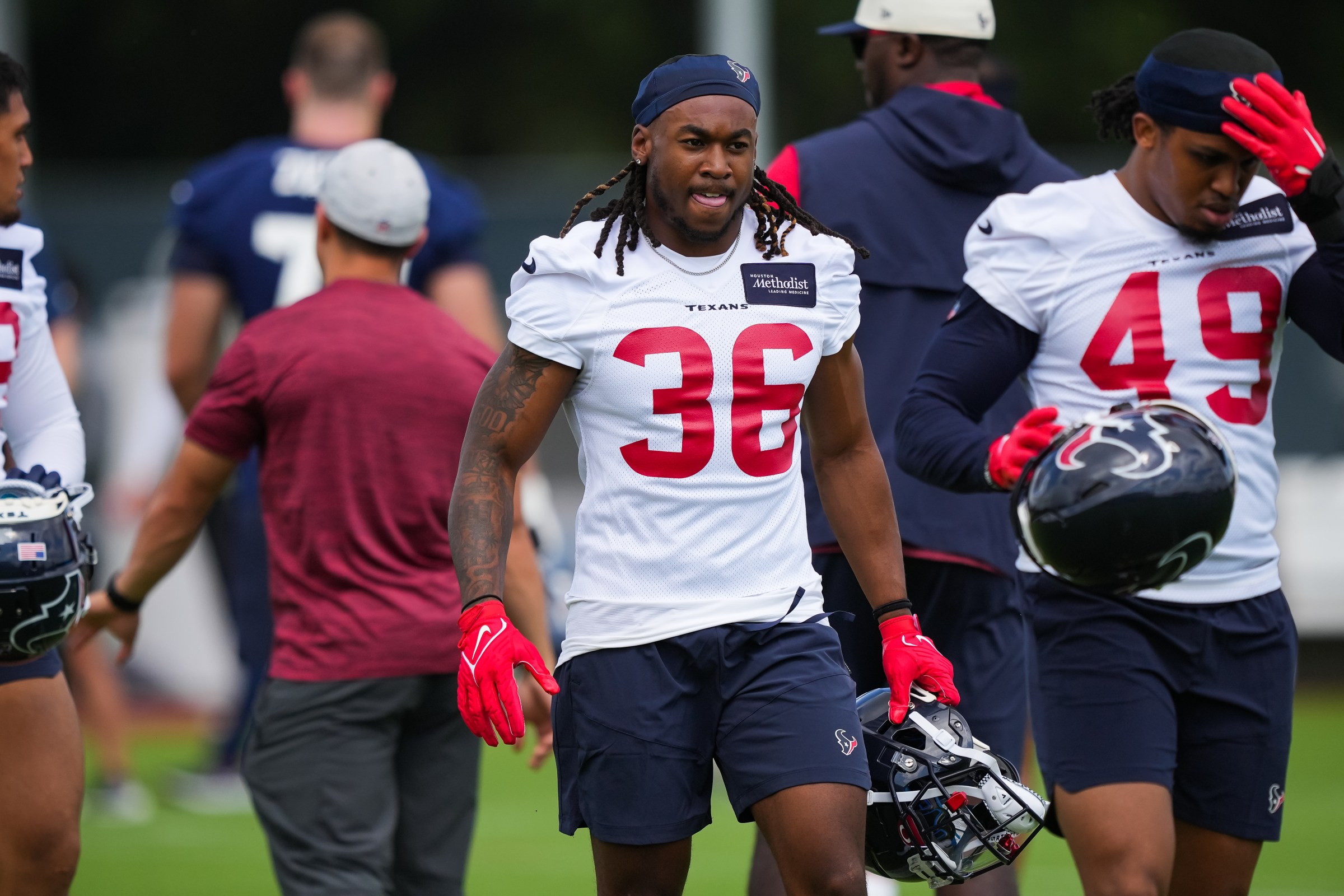 HOUSTON, TEXAS - MAY 12: Defensive back Brandon Hill #36 looks on during the first day of Houston Texans Rookie Minicamp at NRG Stadium on May 12, 2023 in Houston, Texas. (Photo by Alex Bierens de Haan/Getty Images)
