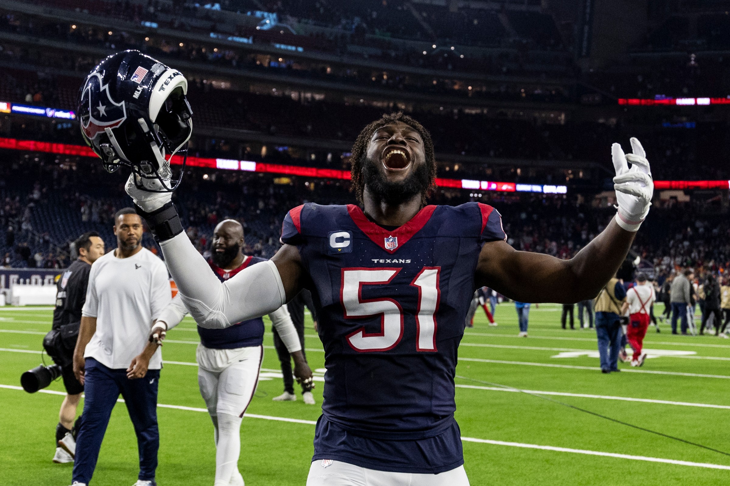 HOUSTON, TEXAS - JANUARY 13: Will Anderson Jr. #51 of the Houston Texans celebrates following an NFL wild-card playoff football game between the Houston Texans and the Cleveland Browns at NRG Stadium on January 13, 2024 in Houston, Texas. (Photo by Michael Owens/Getty Images)