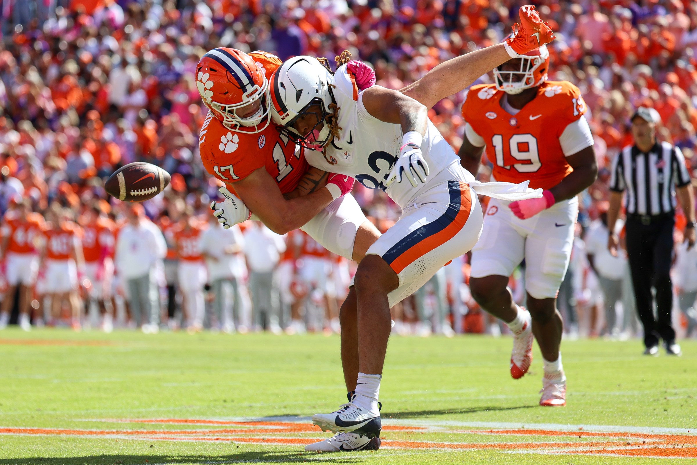 CLEMSON, SOUTH CAROLINA - OCTOBER 19: Wade Woodaz #17 of the Clemson Tigers breaks up a pass intended for Dakota Twitty #83 of the Virginia Cavaliers during the first quarter at Memorial Stadium on October 19, 2024 in Clemson, South Carolina. (Photo by Isaiah Vazquez/Getty Images)