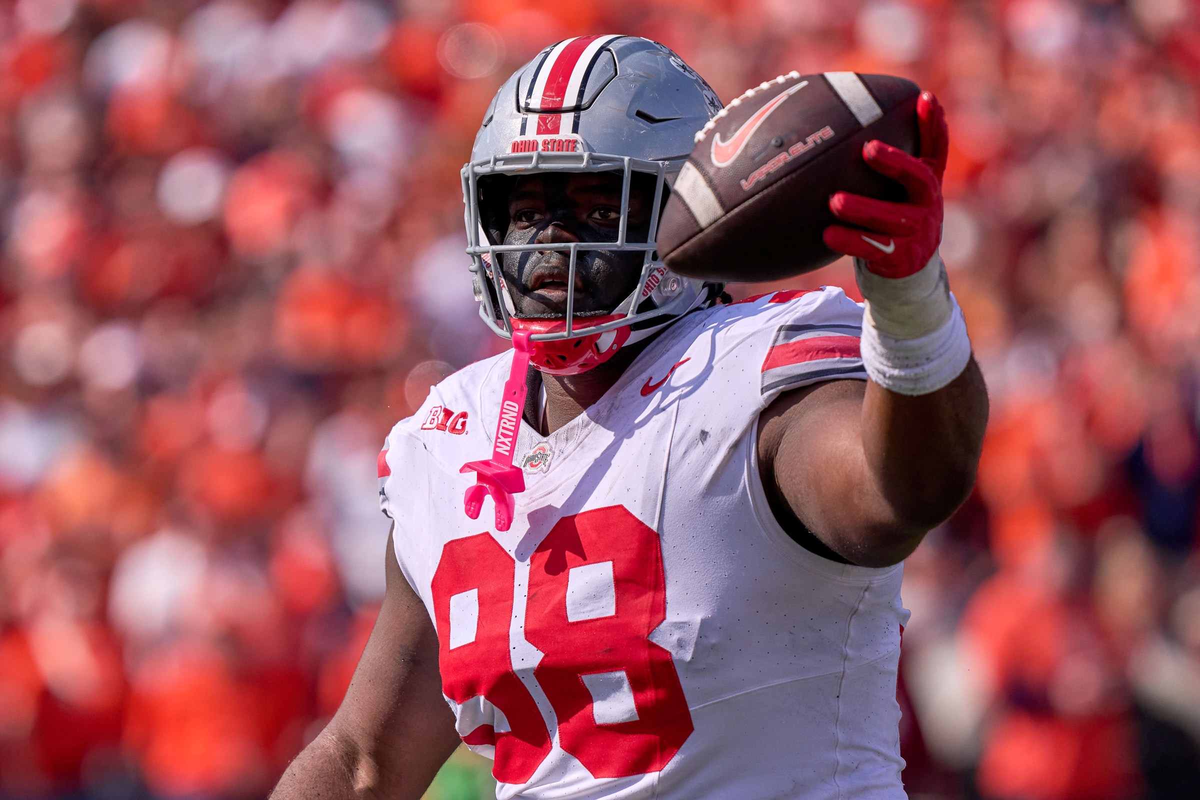 CHAMPAIGN, ILLINOIS - OCTOBER 11: Defensive Lineman Kayden McDonald #98 of the Ohio State Buckeyes celebrates after recovering a fumble in action during a game between the Illinois Fighting Illini and the Ohio State Buckeyes at Memorial Stadium on October 11, 2025 in Champaign, Illinois. (Photo by Robin Alam/ISI Photos/ISI Photos via Getty Images)
