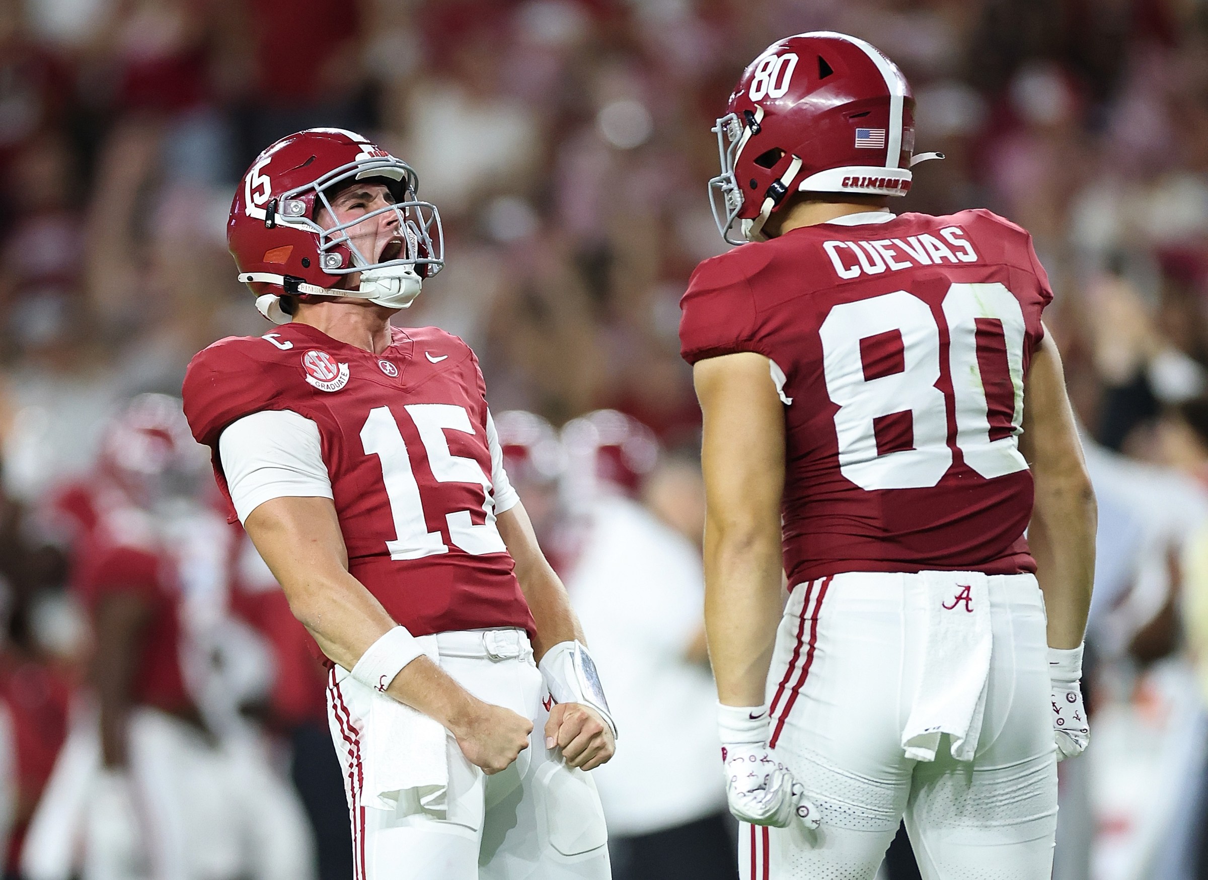 TUSCALOOSA, ALABAMA - OCTOBER 18: Ty Simpson #15 of the Alabama Crimson Tide reacts after passing for a touchdown against the Tennessee Volunteers during the second quarter at Bryant-Denny Stadium on October 18, 2025 in Tuscaloosa, Alabama. (Photo by Kevin C. Cox/Getty Images)