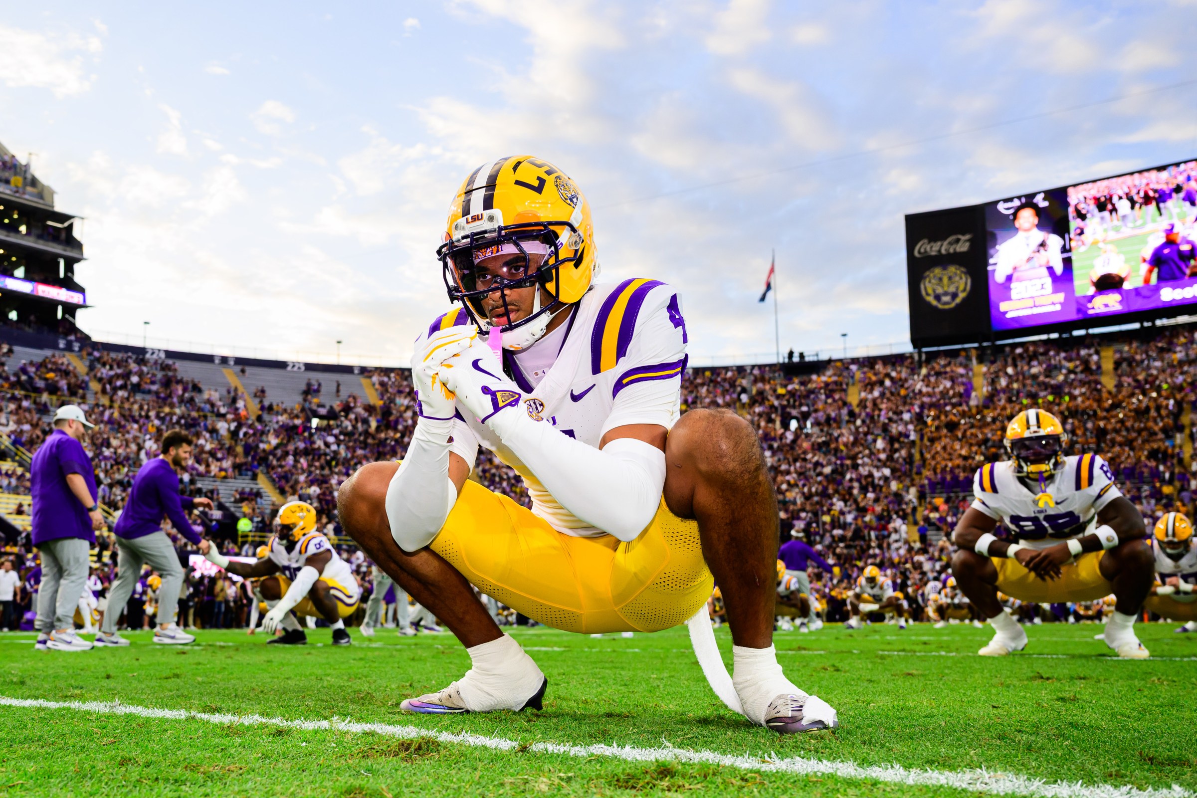 BATON ROUGE, LA - OCTOBER 25: Mansoor Delane #4 of the LSU Tigers before the game against the Texas A&M Aggies at Tiger Stadium on October 25, 2025 in Baton Rouge, Louisiana. (Photo by Gus Stark/LSU/University Images via Getty Images)