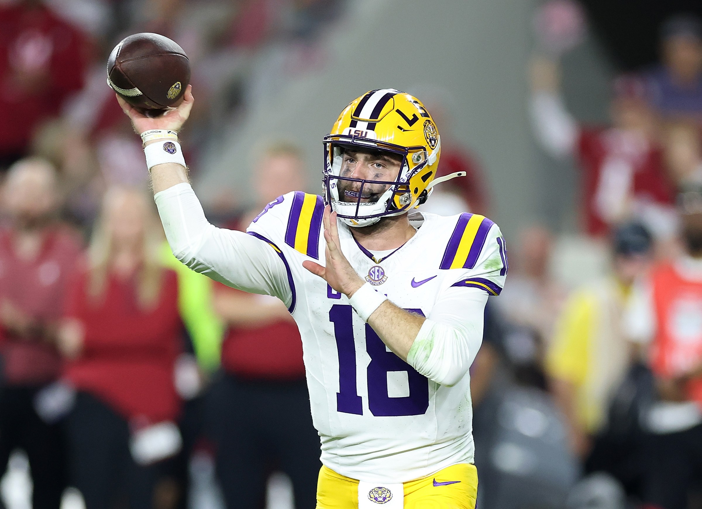 TUSCALOOSA, ALABAMA - NOVEMBER 08: Garrett Nussmeier #18 of the LSU Tigers looks to pass against the Alabama Crimson Tide during the first quarter at Bryant-Denny Stadium on November 08, 2025 in Tuscaloosa, Alabama. (Photo by Kevin C. Cox/Getty Images)
