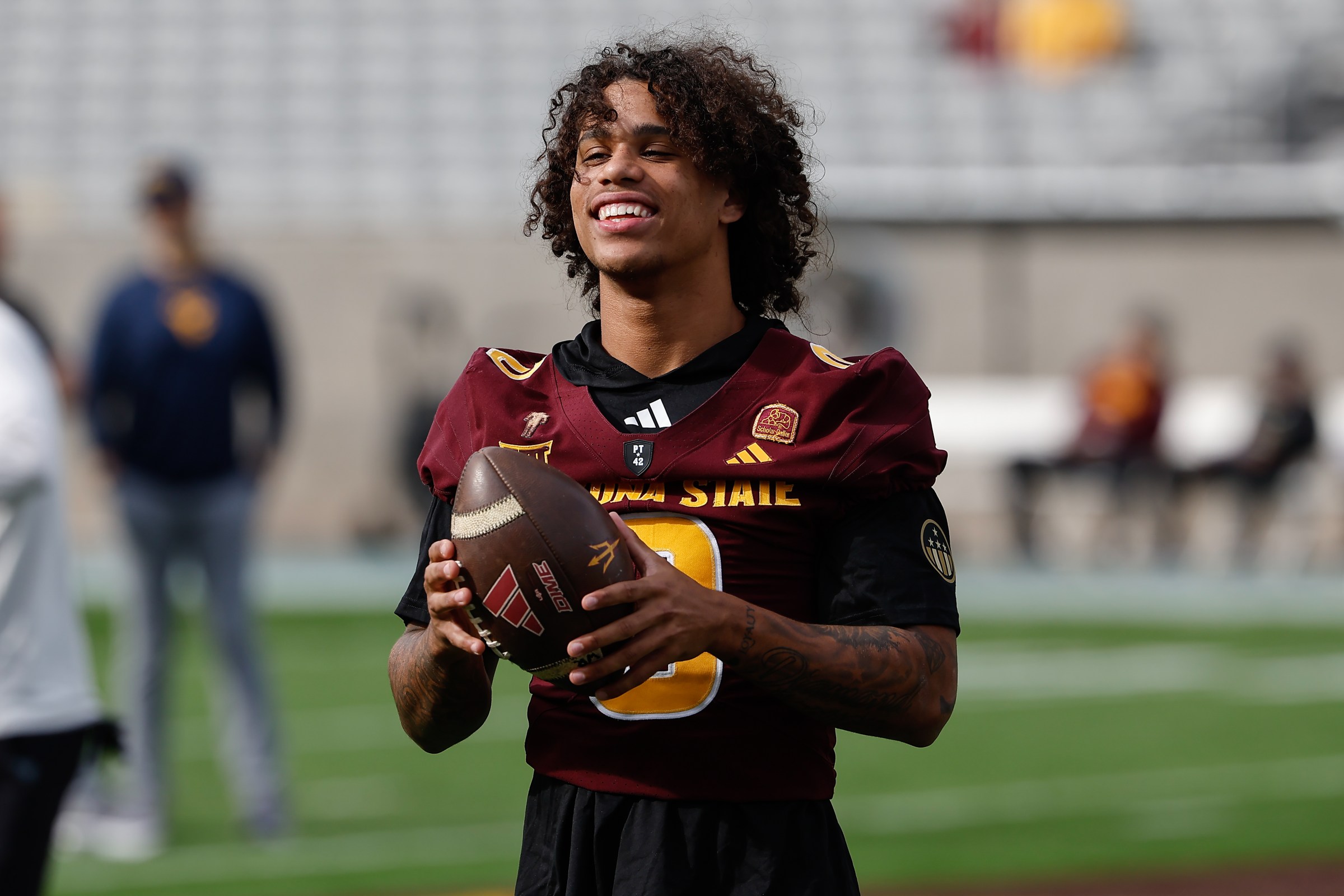 TEMPE, AZ - NOVEMBER 15: Arizona State Sun Devils wide receiver Jordyn Tyson (0) looks on before the college football game between the West Virginia Mountaineers and the Arizona State Sun Devils on November 15, 2025 at Mountain America Stadium in Tempe, Arizona. (Photo by Kevin Abele/Icon Sportswire via Getty Images)