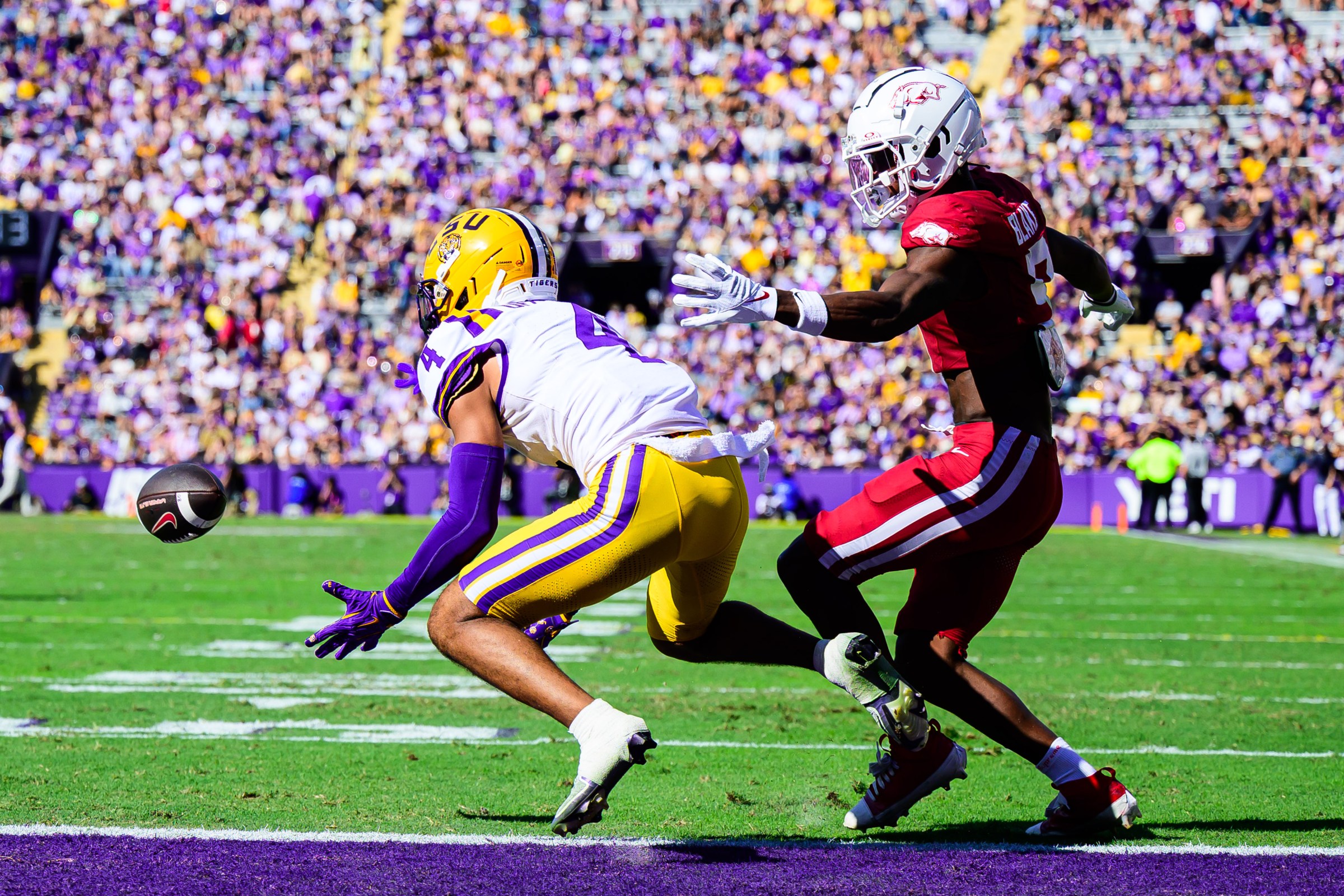 Mansoor Delane #4 of the LSU Tigers intercepts