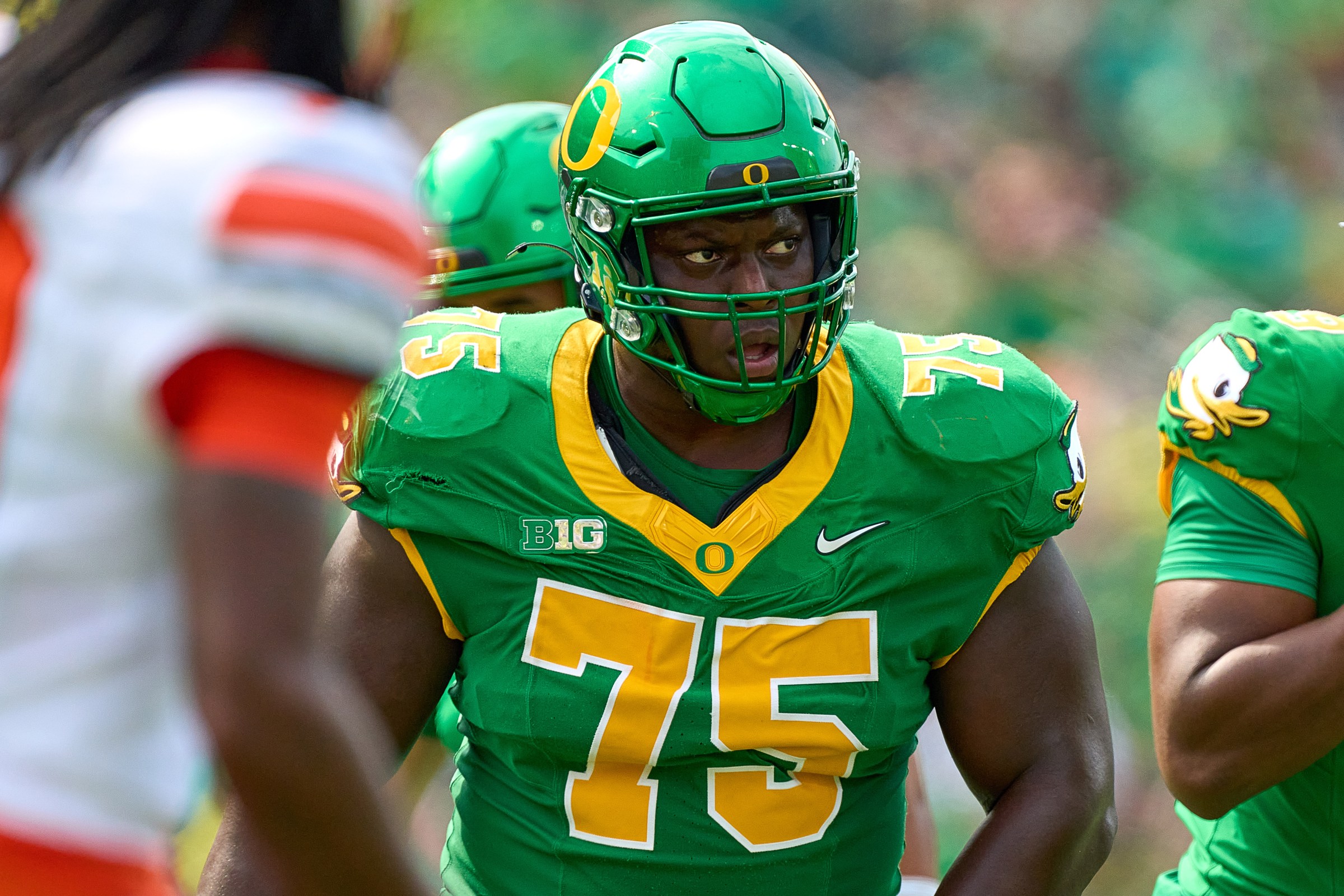 EUGENE, OREGON - SEPTEMBER 6: Emmanuel Pregnon #75 of the Oregon Ducks looks on during a game between the Oklahoma State Cowboys and the Oregon Ducks at Autzen Stadium on September 6, 2025 in Eugene, Oregon. (Photo by Robin Alam/ISI Photos/ISI Photos via Getty Images)