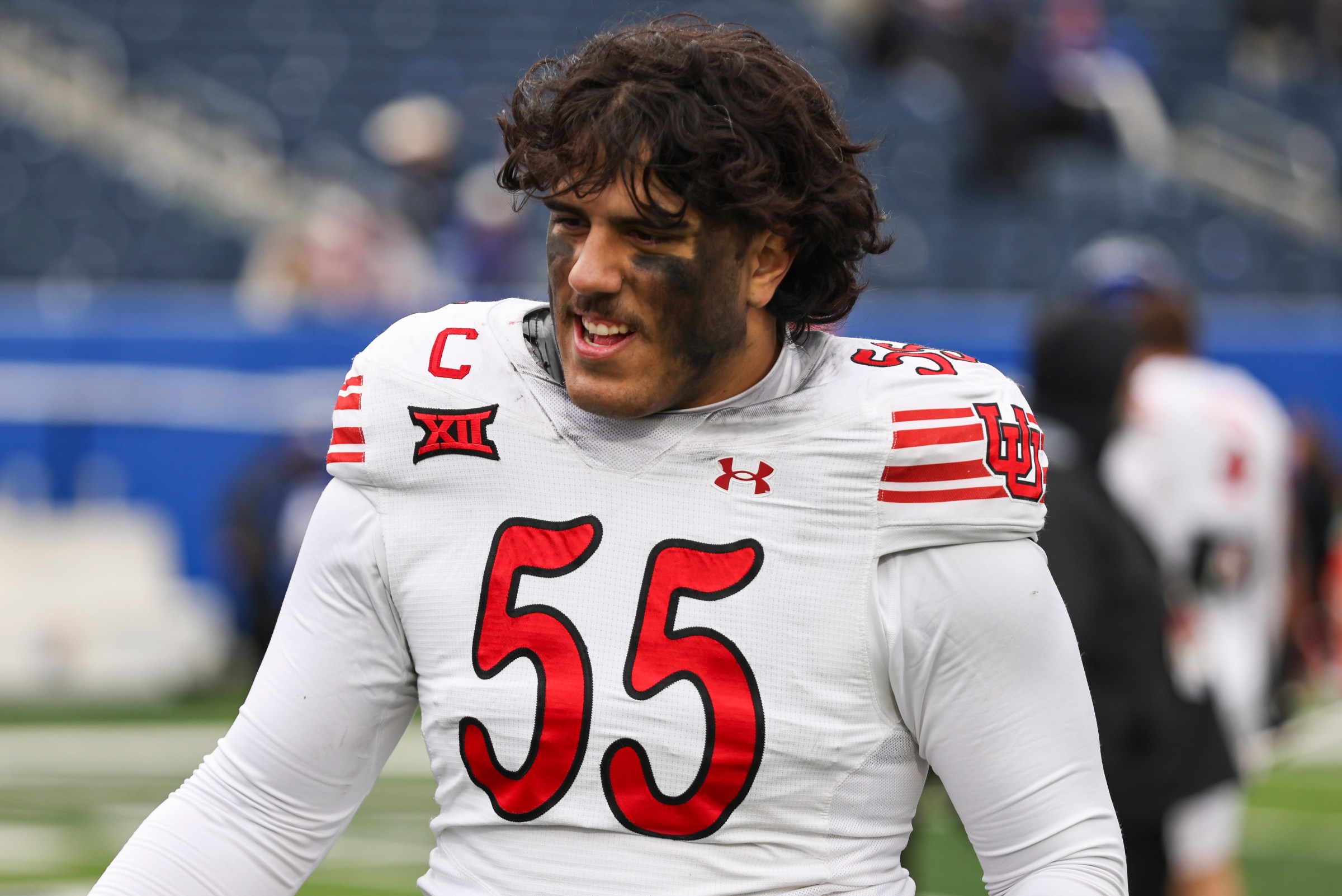 LAWRENCE, KS - NOVEMBER 28: Utah Utes offensive lineman Spencer Fano (55) after a Big 12 football game between the Utah Utes and Kansas Jayhawks on November 28, 2025 at David Booth Kansas Memorial Stadium in Lawrence, KS. (Photo by Scott Winters/Icon Sportswire via Getty Images)
