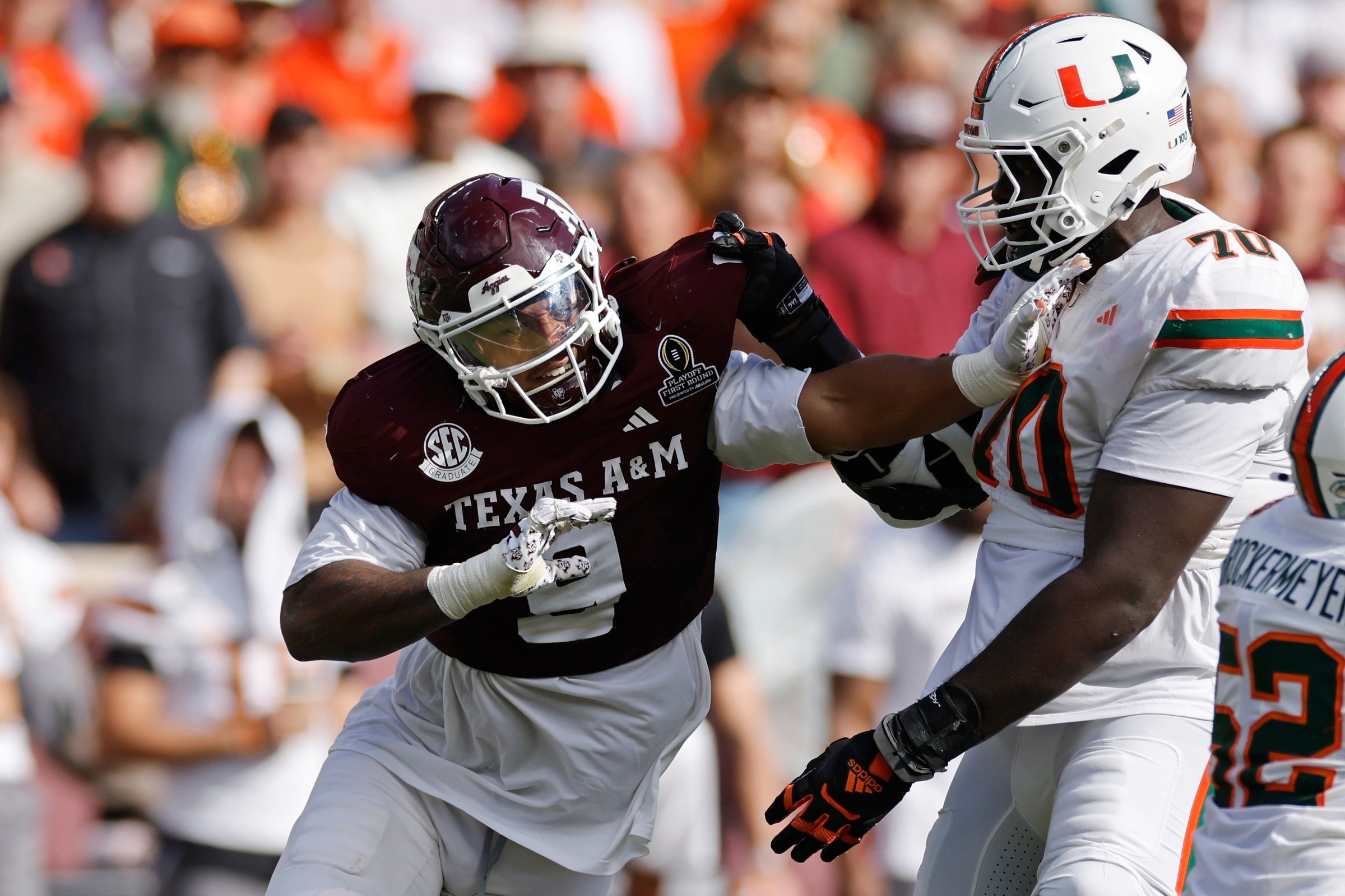 COLLEGE STATION, TX - DECEMBER 20: Cashius Howell #9 of the Texas A&M Aggies rushes on defense during the 2025 College Football Playoff First Round Game against the Miami Hurricanes on December 20, 2025 at Kyle Field in College Station, Texas. (Photo by Joe Robbins/Icon Sportswire via Getty Images)