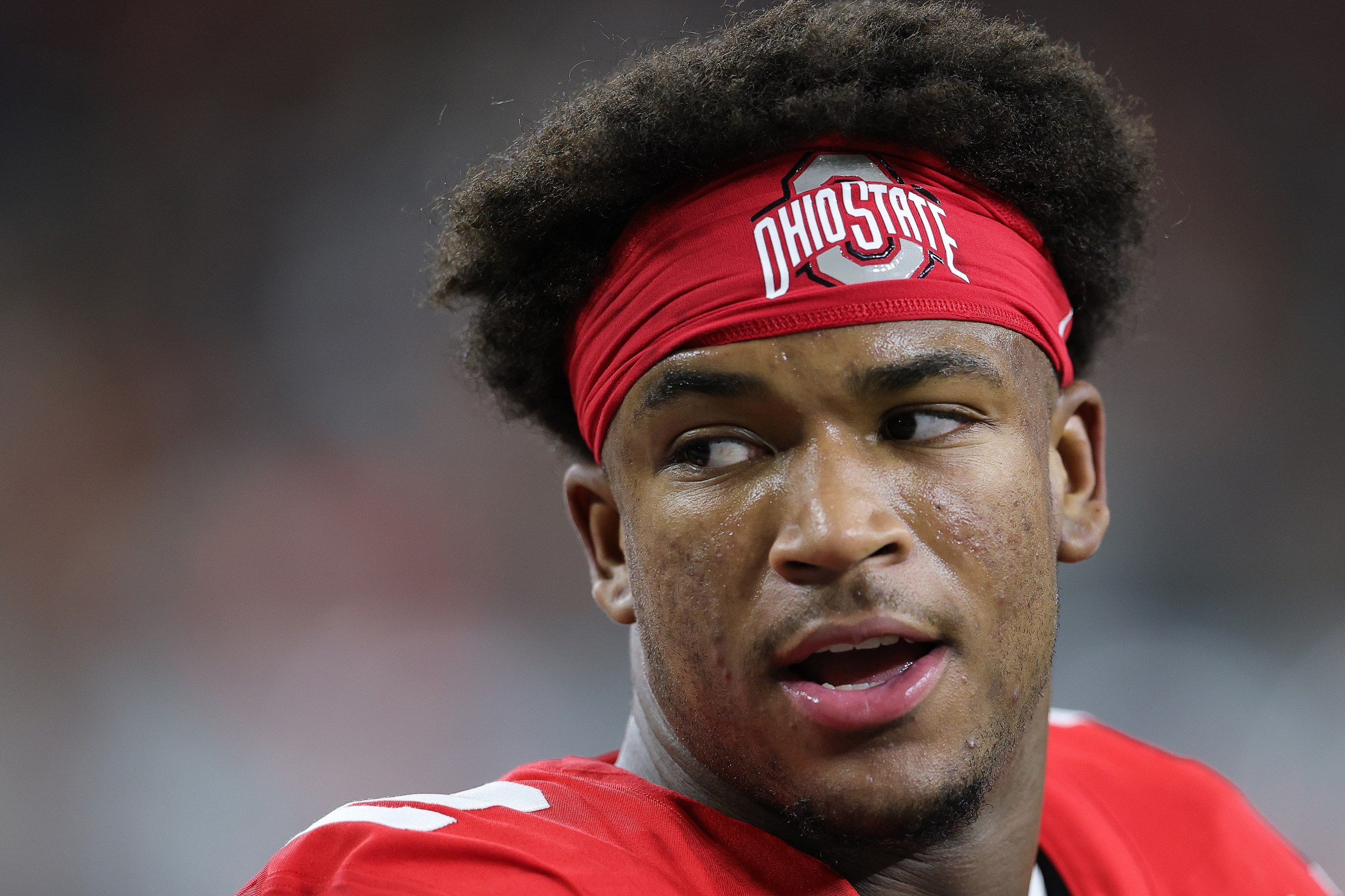 ARLINGTON, TEXAS - DECEMBER 31: Caleb Downs #2 of the Ohio State Buckeyes looks on prior to a game against the Miami Hurricanes during the 2025 College Football Playoff Quarterfinal at the 90th Goodyear Cotton Bowl Classic at AT&T Stadium on December 31, 2025 in Arlington, Texas. (Photo by Alex Slitz/Getty Images)