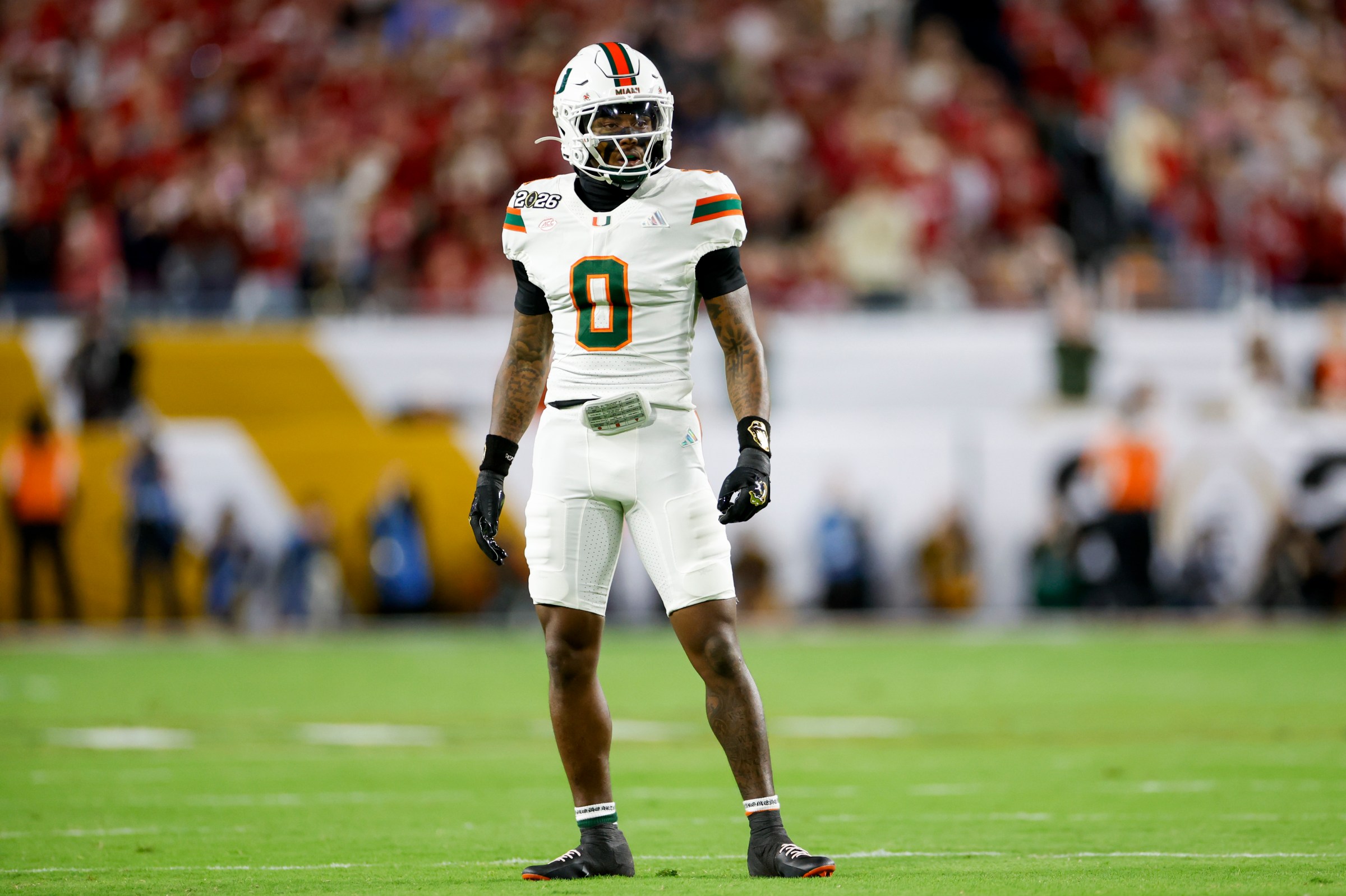 MIAMI GARDENS, FL - JANUARY 19: DB Keionte Scott #0 of the Miami Hurricanes lines up for a play during the Indiana Hoosiers versus the Miami Hurricanes College Football Playoff National Championship Game Presented by AT&T on January 19, 2026, at Hard Rock Stadium in Miami Gardens, FL. (Photo by David Rosenblum/Icon Sportswire via Getty Images)