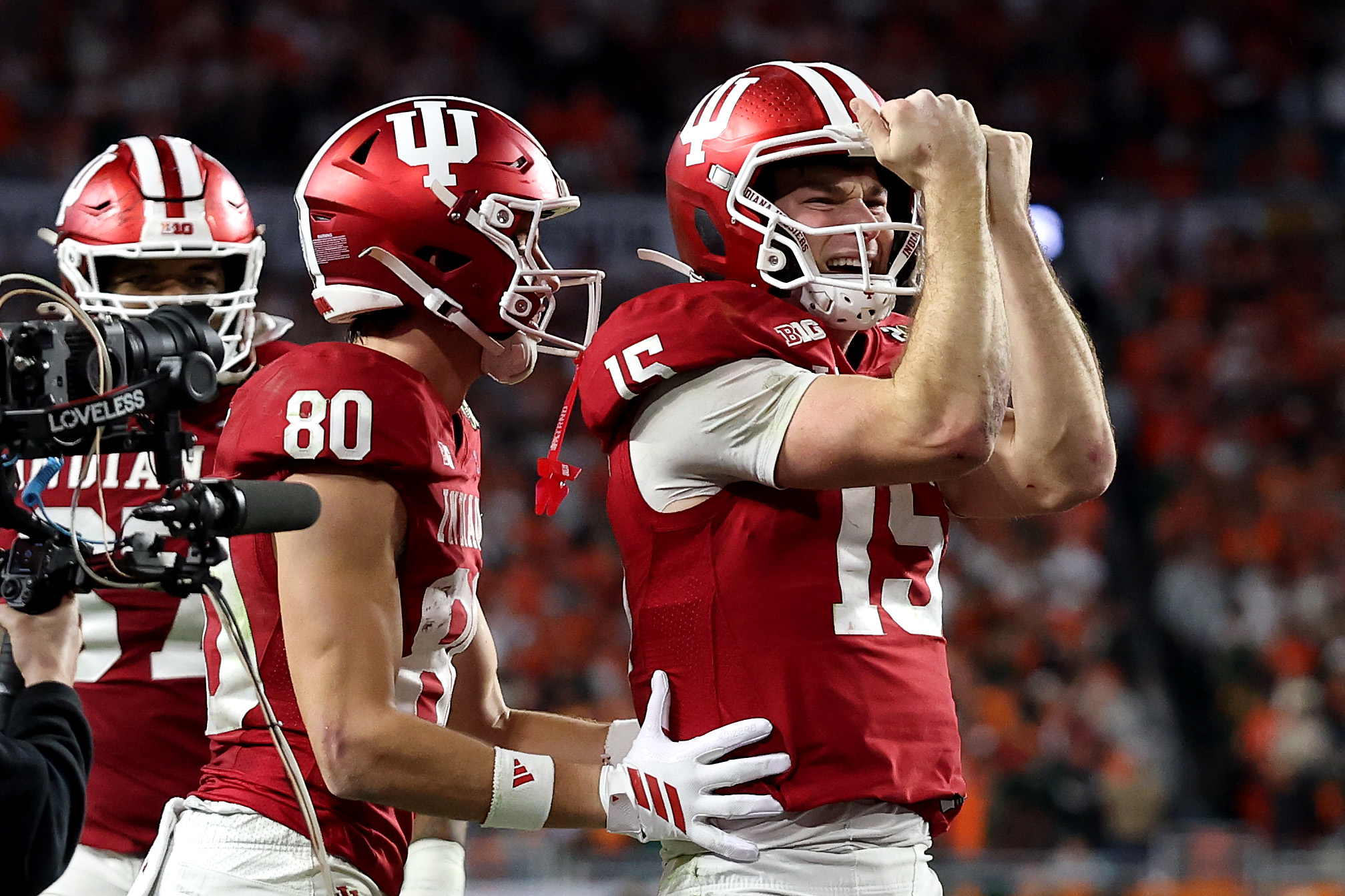 MIAMI GARDENS, FLORIDA - JANUARY 19: Fernando Mendoza #15 of the Indiana Hoosiers celebrates a fourth quarter touchdown against the Miami Hurricanes in the 2026 College Football Playoff National Championship at Hard Rock Stadium on January 19, 2026 in Miami Gardens, Florida. (Photo by Jamie Squire/Getty Images)