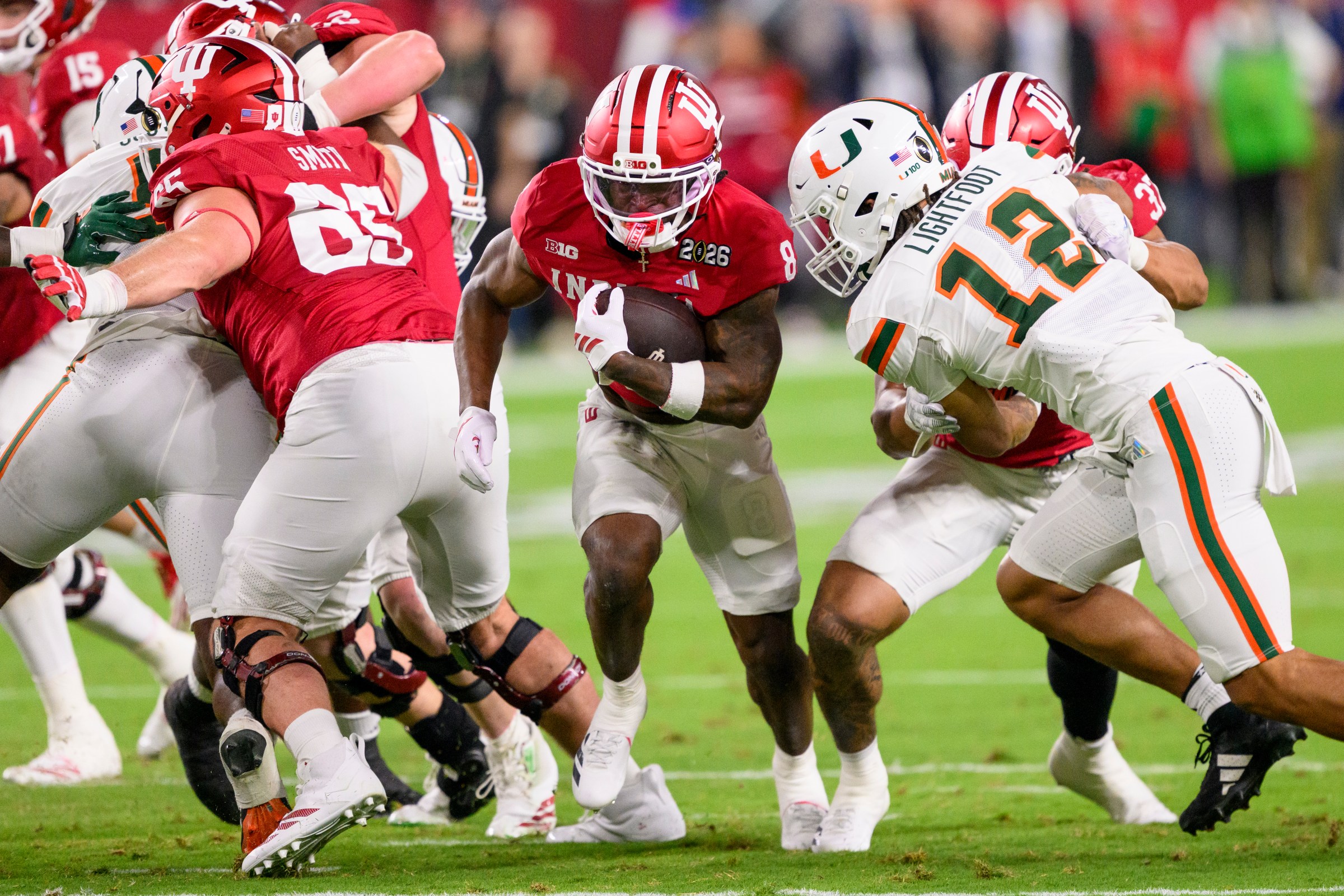 MIAMI GARDENS, FL - JANUARY 19: RB Kaelon Black #8 of the Indiana Hoosiers runs with the ball during the Indiana Hoosiers versus the Miami Hurricanes College Football Playoff National Championship Game Presented by AT&T on January 19, 2026, at Hard Rock Stadium in Miami Gardens, FL. (Photo by Doug Murray/Icon Sportswire via Getty Images)