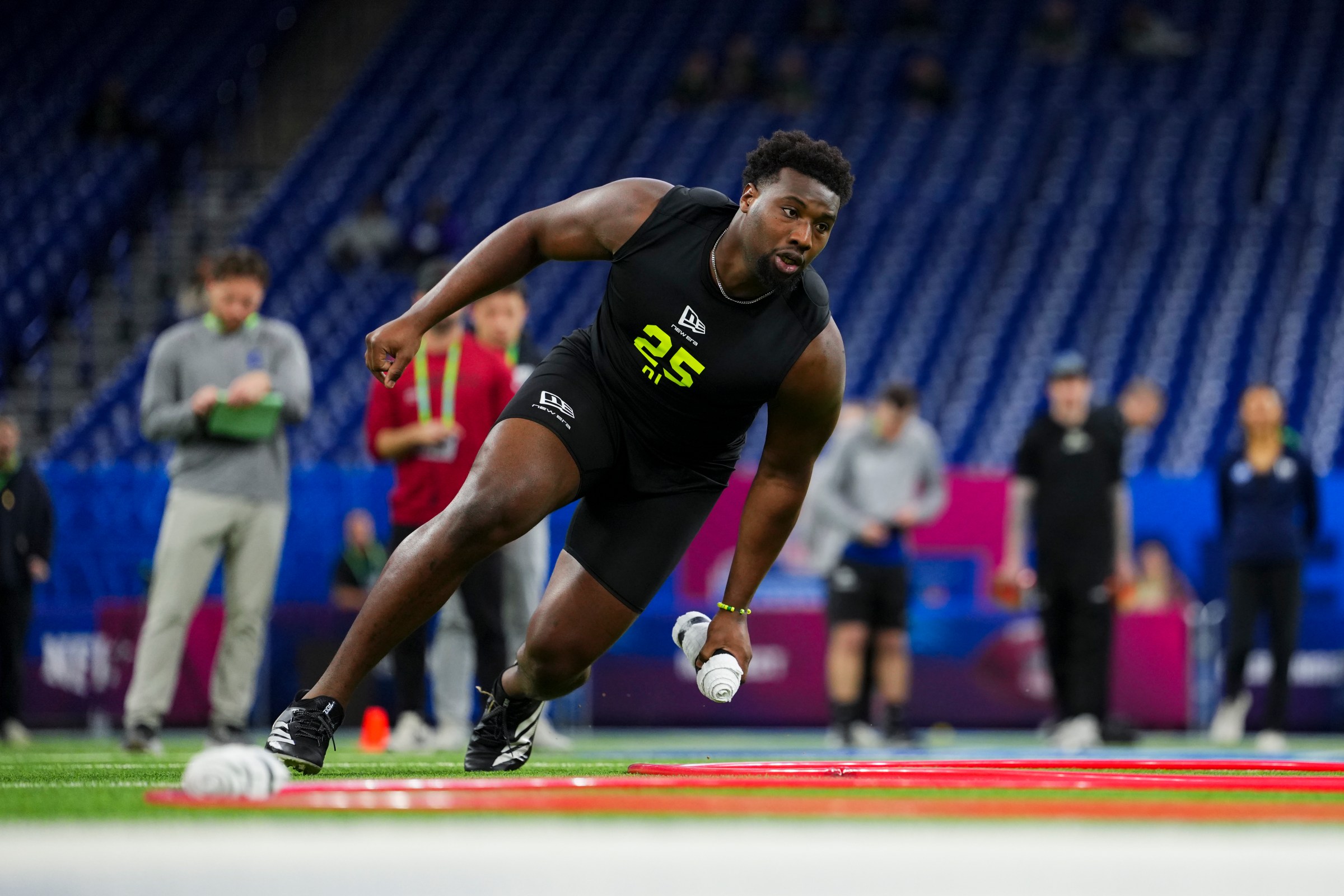 INDIANAPOLIS, IN - FEBRUARY 26: Kaleb Proctor #DL25 of Southeastern Louisiana participates in a drill during the 2026 NFL Scouting Combine at Lucas Oil Stadium on February 26, 2026 in Indianapolis, Indiana. (Photo by Cooper Neill/Getty Images)