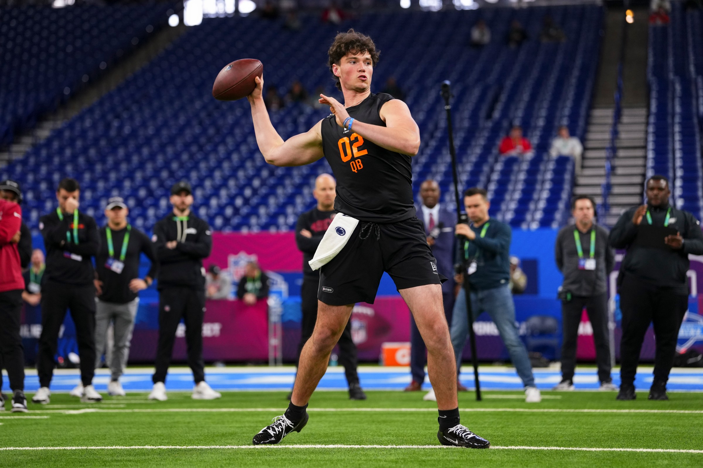 INDIANAPOLIS, IN - FEBRUARY 28: Drew Allar #QB02 of Penn State participates in a drill during the 2026 NFL Scouting Combine at Lucas Oil Stadium on February 28, 2026 in Indianapolis, Indiana. (Photo by Cooper Neill/Getty Images)