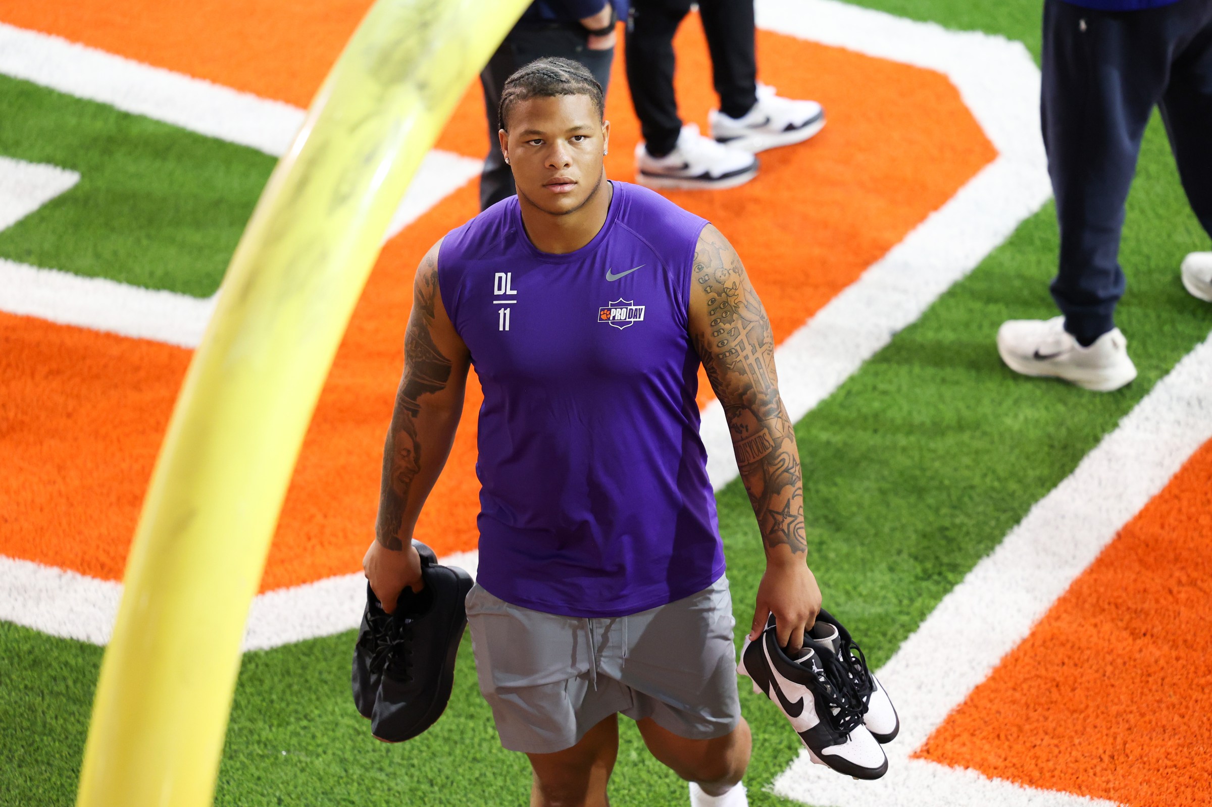 CLEMSON, SOUTH CAROLINA - MARCH 12: Peter Woods #11 of the Clemson Tigers looks on before Pro Day begins at Allen N. Reeves Football Complex on March 12, 2026 in Clemson, South Carolina. (Photo by Katie DeVaney/Getty Images)
