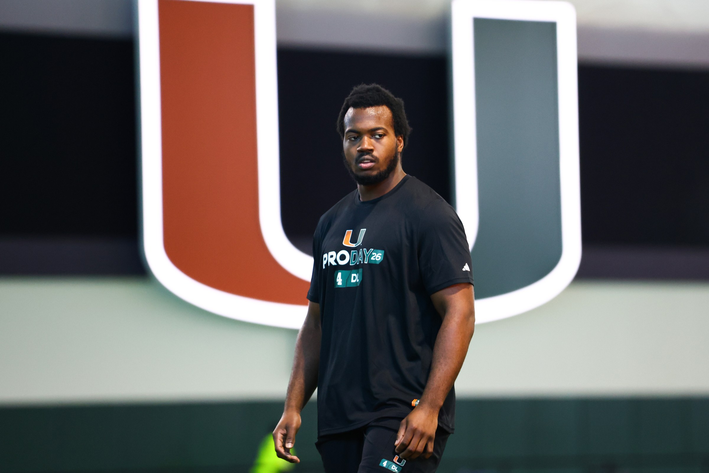 CORAL GABLES, FLORIDA - MARCH 23: Rueben Bain Jr. #4 of the Miami Hurricanes participates in the 2026 Miami Pro Day at Carol Soffer Indoor Practice Facility on March 23, 2026 in Coral Gables, Florida. (Photo by Megan Briggs/Getty Images)