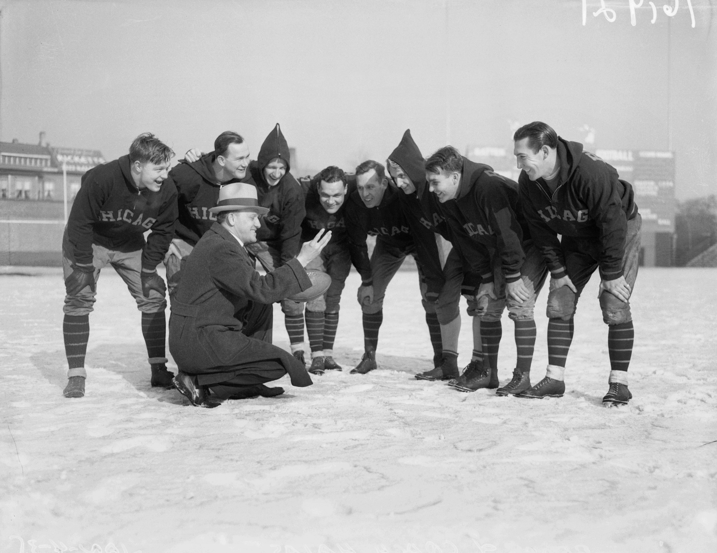 Chicago owner and head coach ‘Papa Bear’ George Halas with members of the Chicago Bears football team, Chicago, 1935