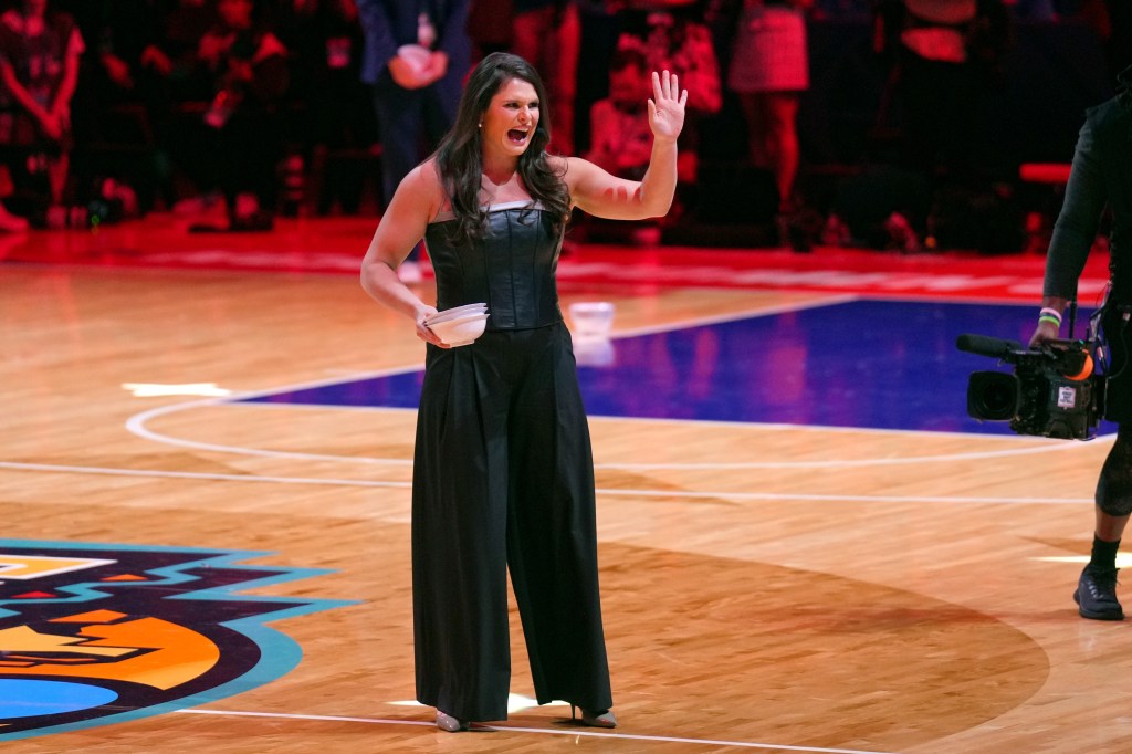 Ilona Maher on the court at halftime of the women's 2026 NCAA Tournament National Championship game.