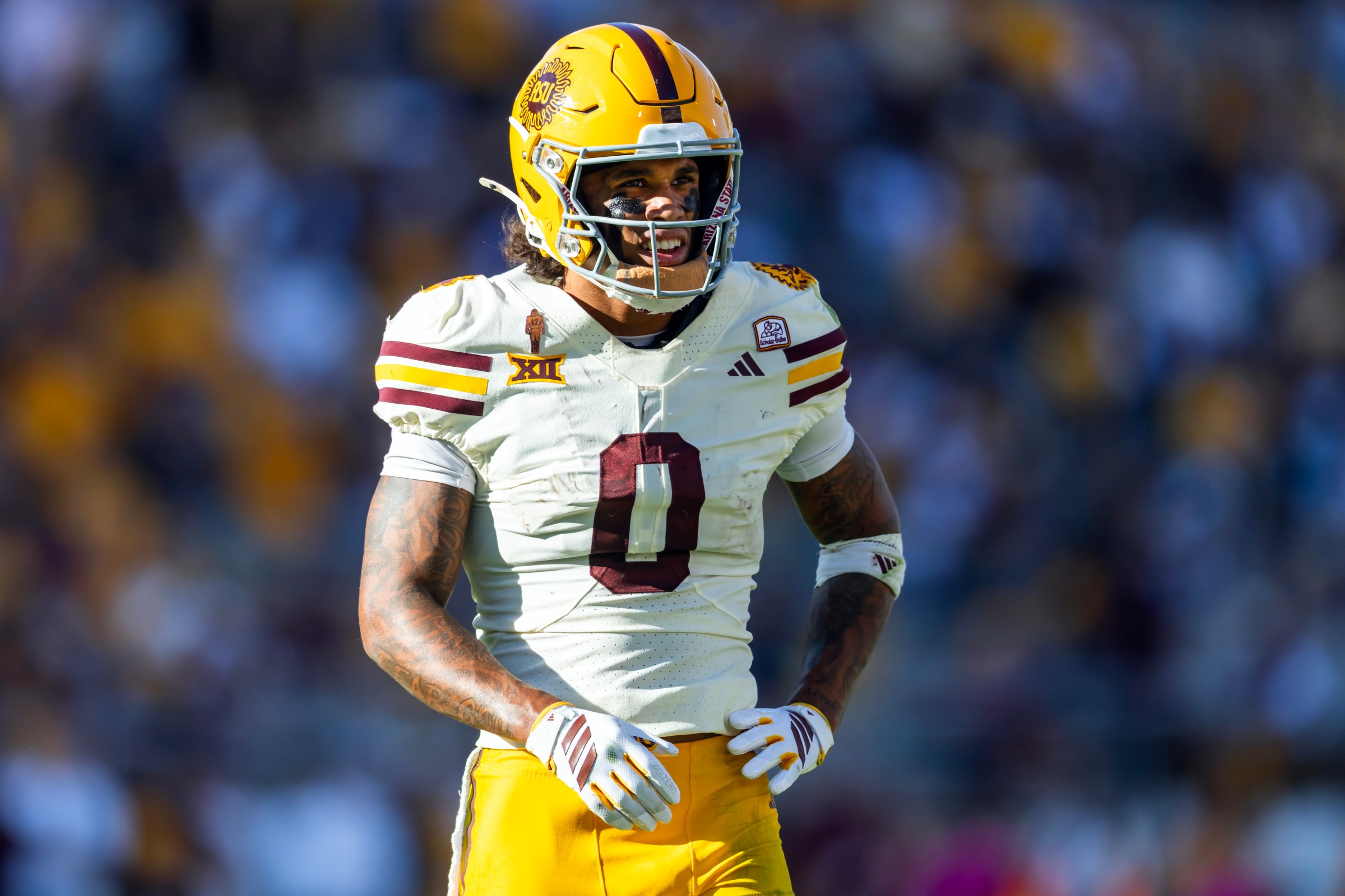 Oct 18, 2025; Tempe, Arizona, USA; Arizona State Sun Devils wide receiver Jordyn Tyson (0) against the Texas Tech Red Raiders at Mountain America Stadium. Mandatory Credit: Mark J. Rebilas-Imagn Images