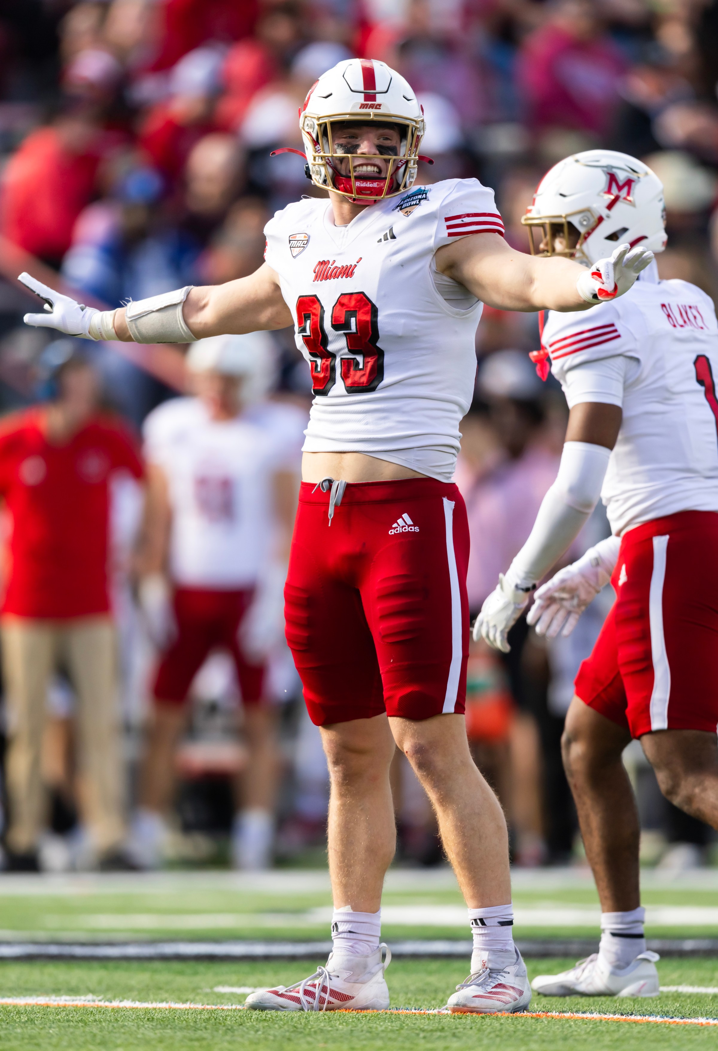 Dec 27, 2025; Tucson, AZ, USA; Miami (OH) RedHawks linebacker Jackson Kuwatch (33) against the Fresno State Bulldogs during the Snoop Dogg Arizona Bowl at Casino Del Sol Stadium. Mandatory Credit: Mark J. Rebilas-Imagn Images