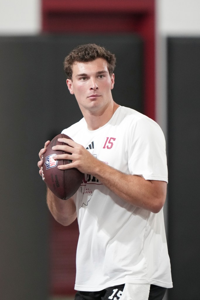 Fernando Mendoza prepares to throw a pass at Indiana's pro day on April 1, 2026.
