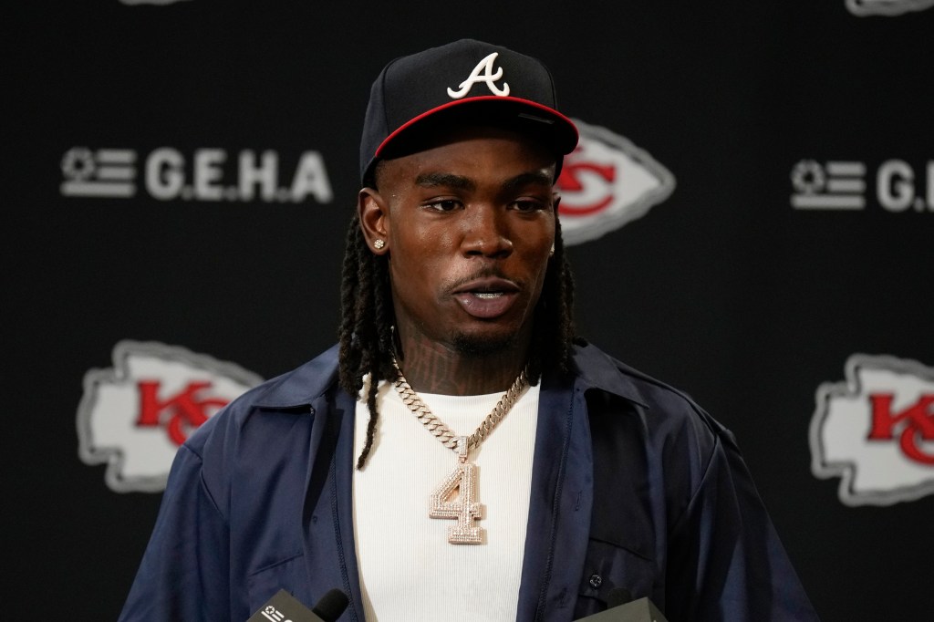 Rashee Rice (4) speaks during a news conference following an NFL football game against the Indianapolis Colts, Nov. 23, 2025, in Kansas City, Mo.