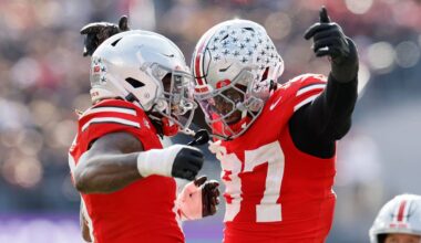 Ohio State linebacker Arvell Reese, left, celebrates his sack against Penn State with teammate defensive lineman Kenyatta Jackson during the second half of an NCAA college football game, Saturday, Nov. 1, 2025, in Columbus, Ohio. (AP Photo/Jay LaPrete)