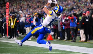 Los Angeles Rams wide receiver Puka Nacua (12) scores a touchdown against the Seattle Seahawks during the second half in the 2026 NFC Championship Game at Lumen Field.