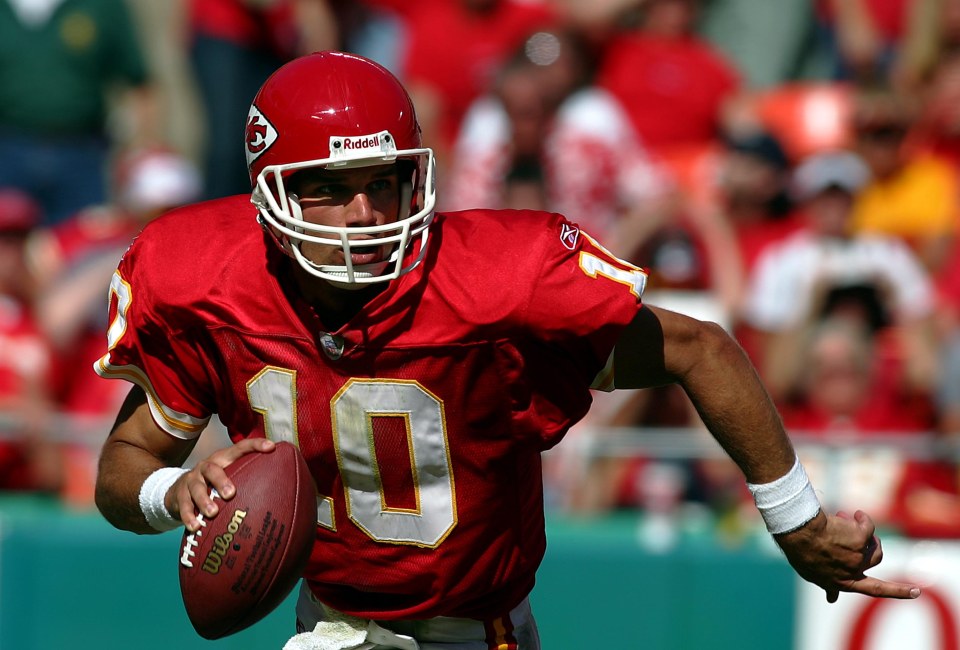 Quarterback Trent Green #10  of the Kansas City Chiefs scrambles under pressure during the 4th quarter of their NFL game at Arrowhead Stadium on September 26, 2004