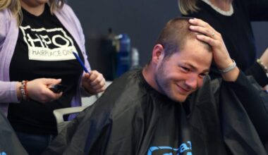 Patriots QB Drake Maye, had his head shaved by hair stylist Katherine Coughlin at Granite’s Saving by Shaving event benefiting Boston Children’s Hospital. They are photographed in QUINCY ,MA on Tuesday March 31 , 2026.