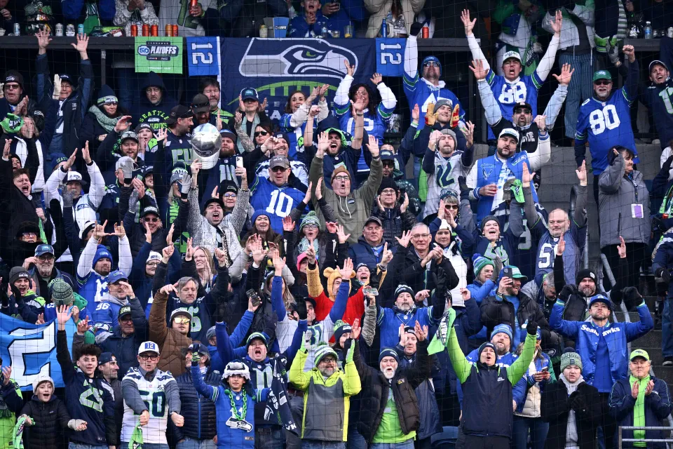 Seattle Seahawks fans react after a touchdown during the first quarter against the Los Angeles Rams in the NFC Championship game at Lumen Field on January 25, 2026 in Seattle, Washington. 