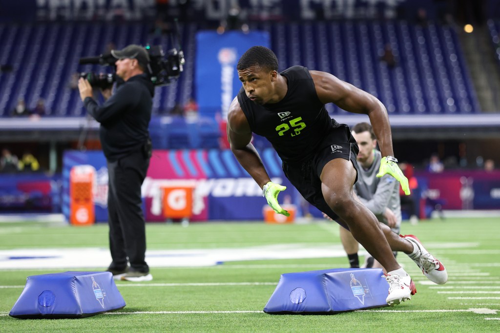 Sonny Styles of the Ohio State Buckeyes participates in a drill during the 2026 NFL Scouting Combine at Lucas Oil Stadium.