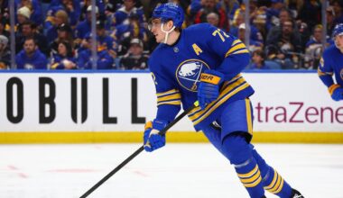 Buffalo Sabres center Tage Thompson (72) carries the puck upice during the second period in Game 1 against the Boston Bruins in a first-round NHL hockey Stanley Cup playoff series Sunday, April 19, 2026, in Buffalo, N.Y. (AP Photo/Jeffrey T. Barnes)