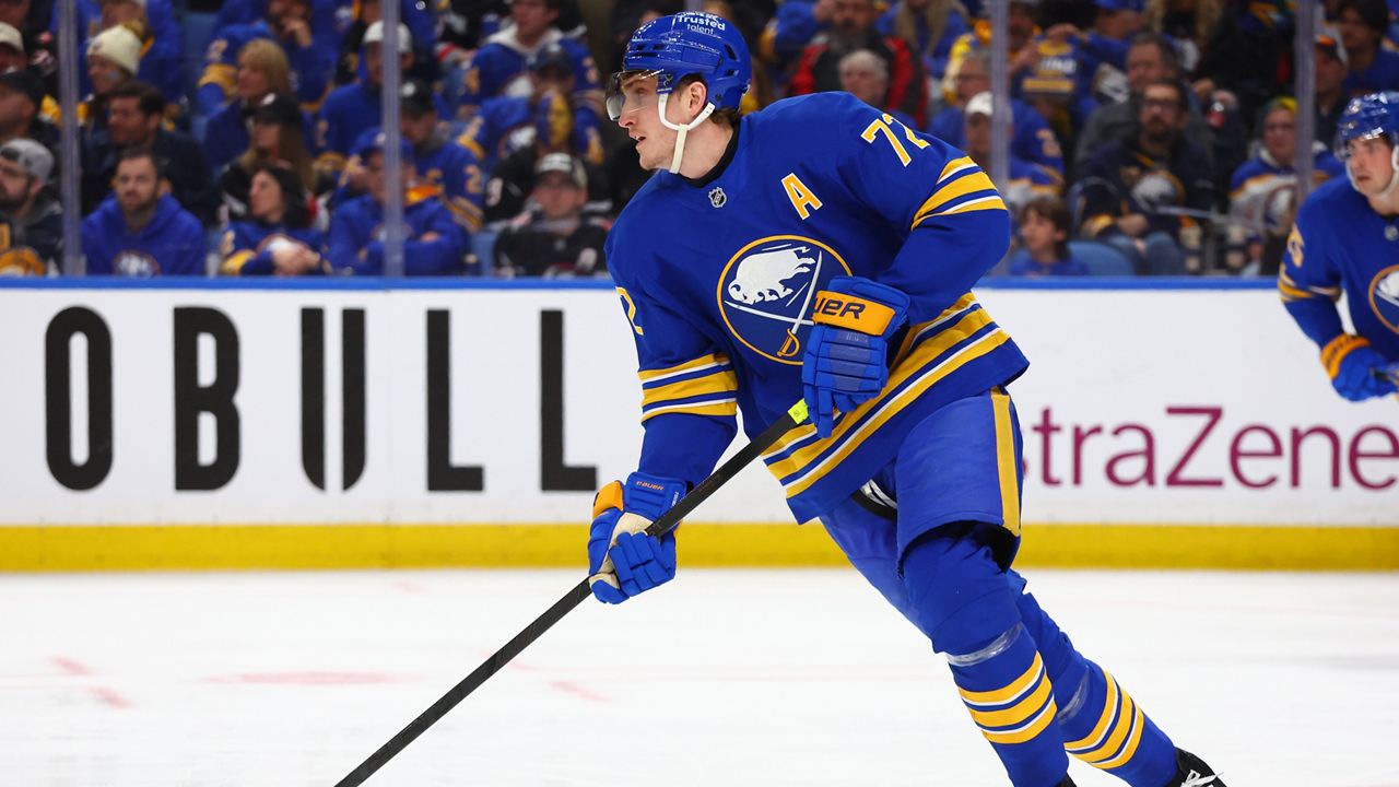 Buffalo Sabres center Tage Thompson (72) carries the puck upice during the second period in Game 1 against the Boston Bruins in a first-round NHL hockey Stanley Cup playoff series Sunday, April 19, 2026, in Buffalo, N.Y. (AP Photo/Jeffrey T. Barnes)