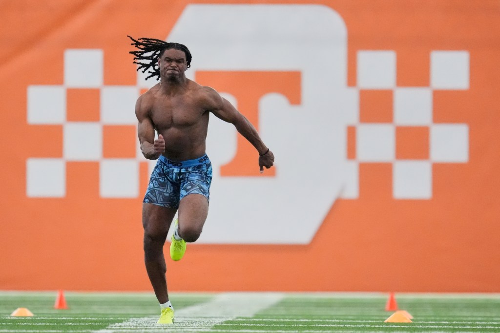 Jermod McCoy runs the 40-yard dash during Tennessee's NFL football pro day Tuesday, March 31, 2026, in Knoxville, Tenn. 