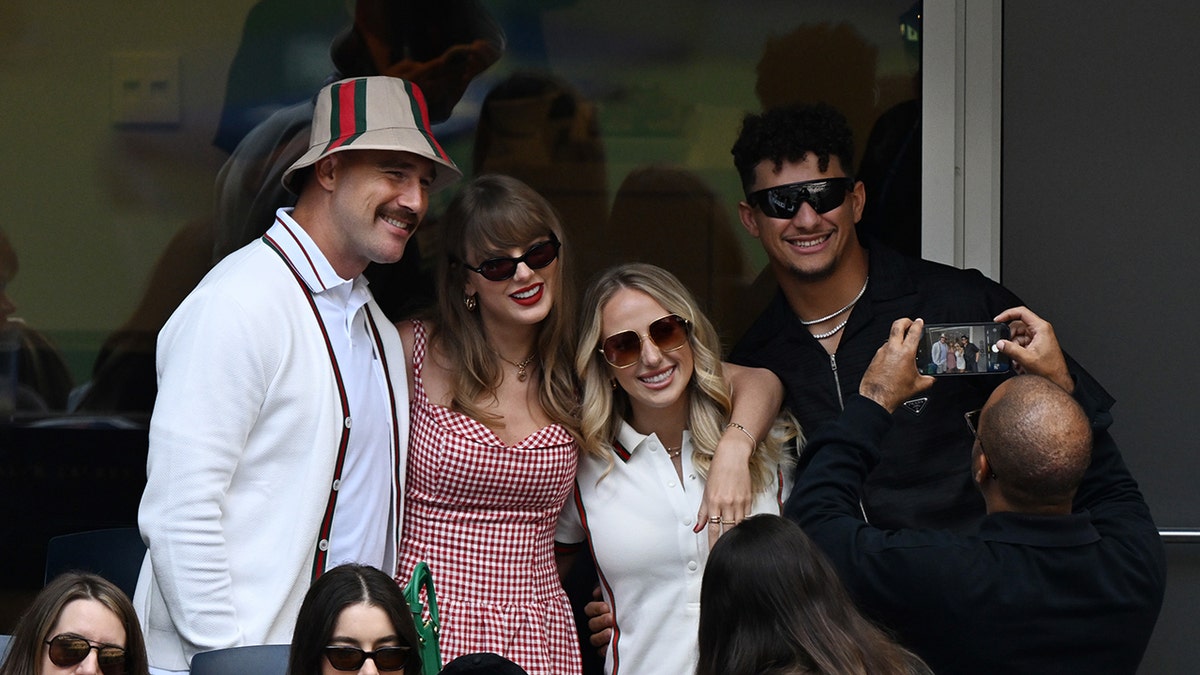 Travis Kelce, Taylor Swift, Brittany Mahomes, Patrick Mahomes are seen at the 2024 US Open at the USTA Billie Jean King National Tennis Center on September 08, 2024 in New York City.