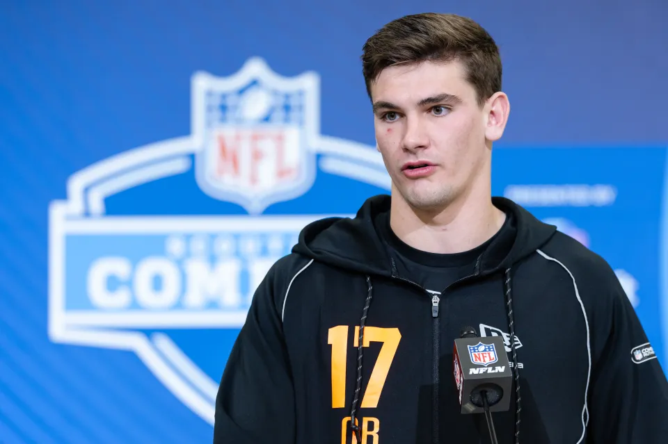 Ty Simpson of the Alabama Crimson Tide speaks to the media