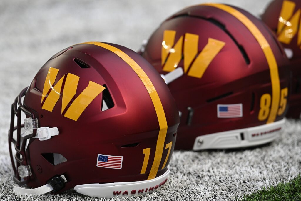 Dec 7, 2025; Minneapolis, Minnesota, USA; A detail view of the Washington Commanders helmet before the game at U.S. Bank Stadium.