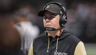 Jan 4, 2026; Atlanta, Georgia, USA; New Orleans Saints head coach Kellen Moore working on the sideline against the Atlanta Falcons during the first half at Mercedes-Benz Stadium. Mandatory Credit: Dale Zanine-Imagn Images